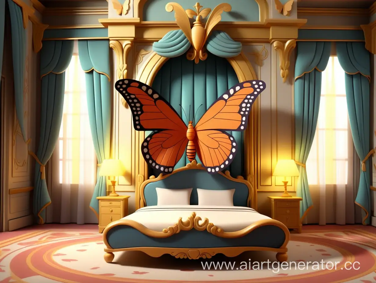 cartoon style, 8k, one beautiful butterfly flies on the bed in the palace room
