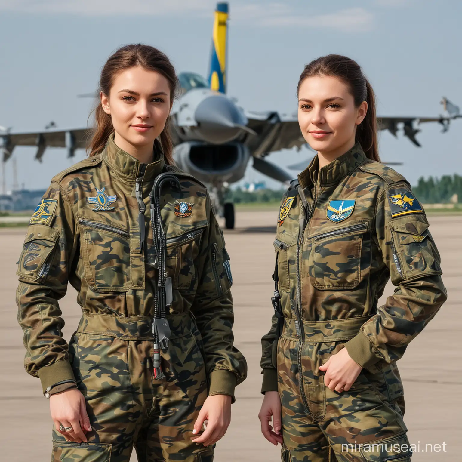 Льотчица і пілот с українською символікою в комуфляжній формі і літак F-16