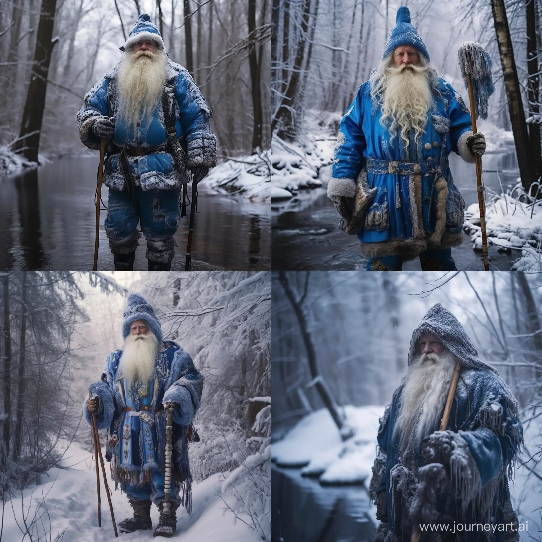 Russian Santa Claus with a blue fur coat and a blue hat, walks around his forest possessions, freezing rivers with his magic staff and covering trees with snow, photography, hyperrealism