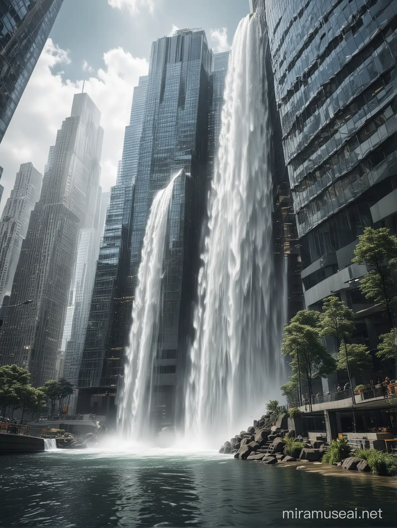 Urban Skyscraper Waterfall Realistic Cityscape with Cascading Water