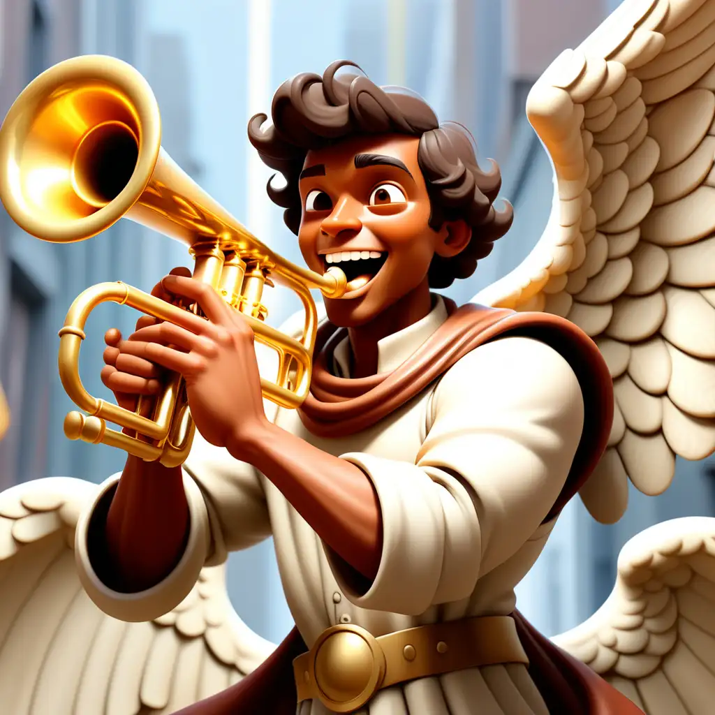 light Brown skin and dark hair man Archangel blowing a trumpet looking joyful