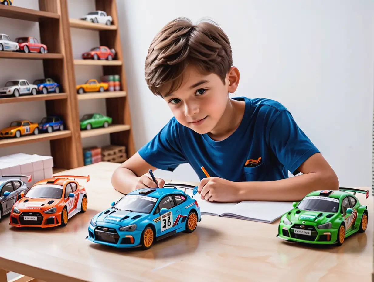 Birthday Boy Building Rally Car Models in His Studio