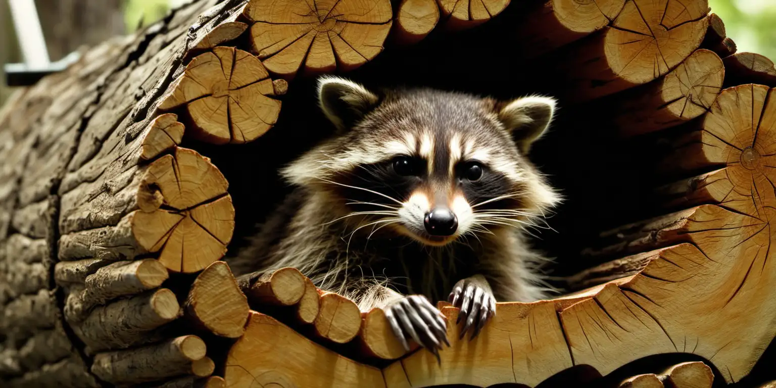  racoon sitting inside hollow log
