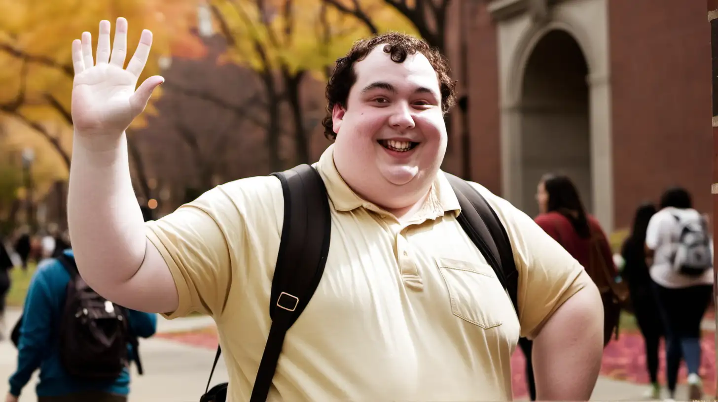 Fat white male student from Brown University student waving and smiling