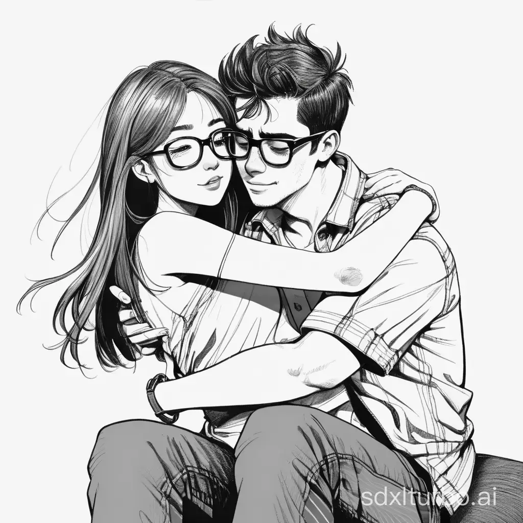 A girl hugging a guy romantically while he picked her up in his lap and her legs are around his waist They are both wearing glasses