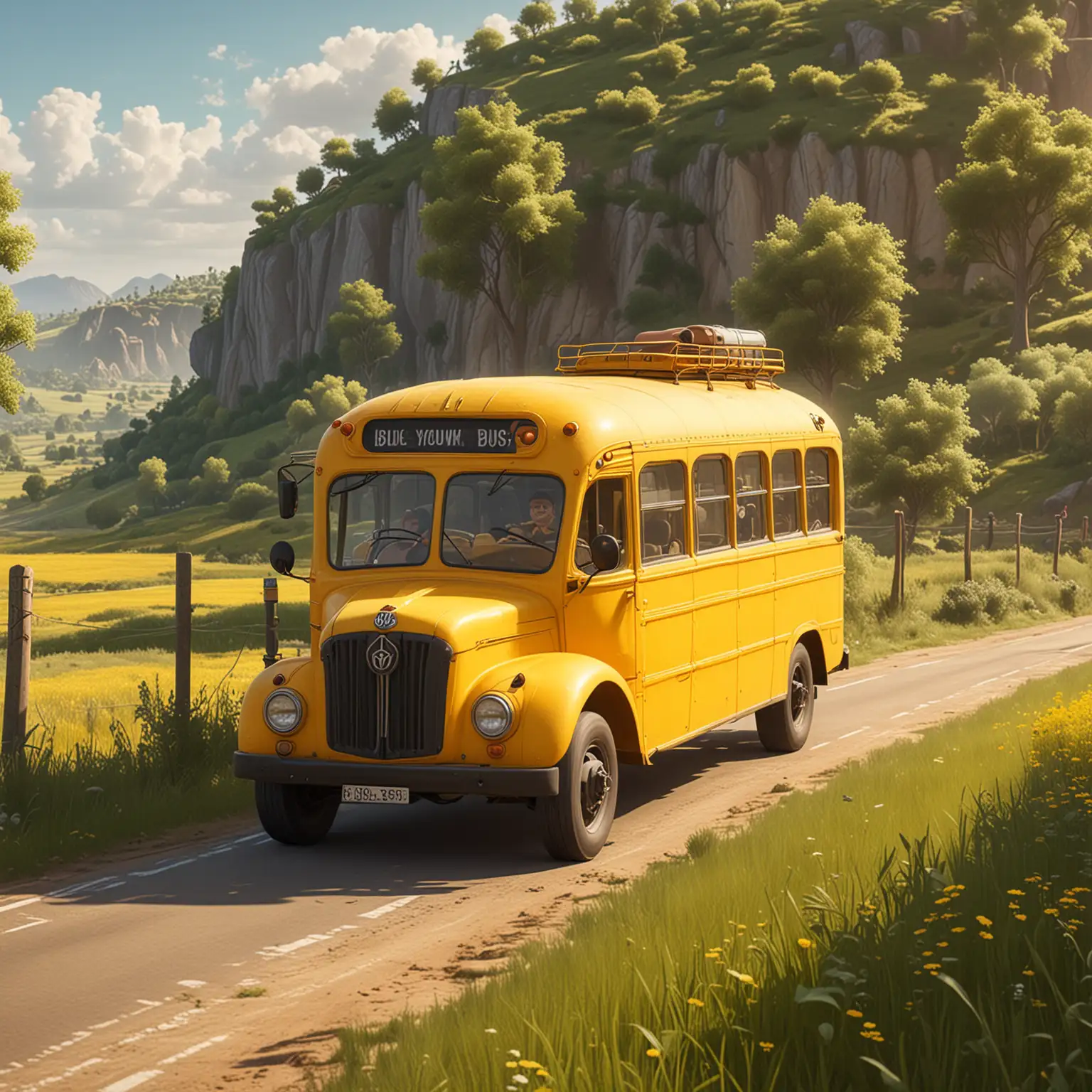 Pixar style big yellow bus driving through  countryside environment 