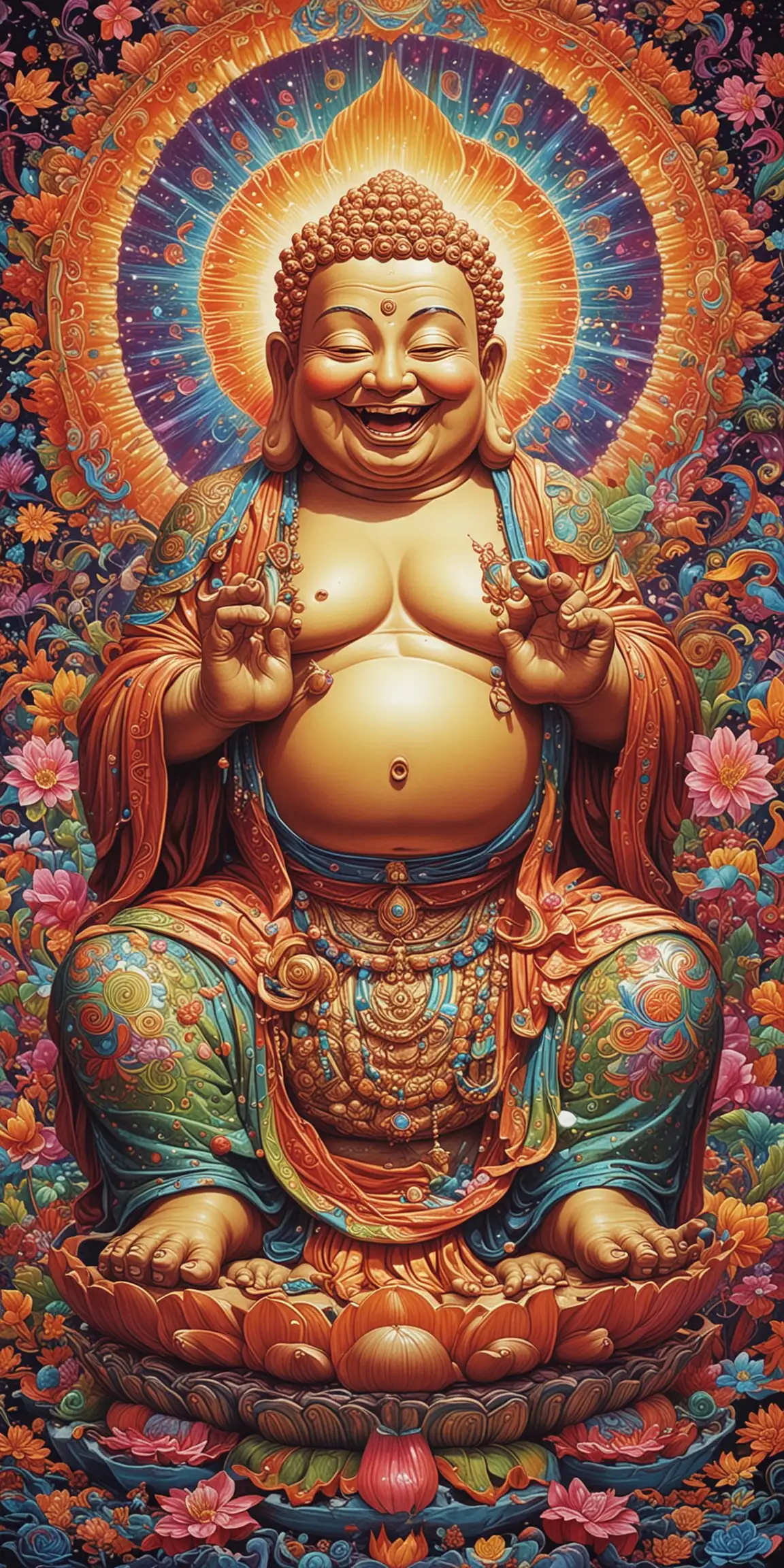 Laughing Buddha Psychedelic Art Joyful Buddha Statue Surrounded by Vibrant Colors