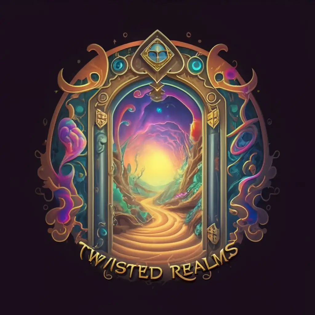 logo, portals doorway mirage colorful mystical playful, with the text "Twisted Realms", typography