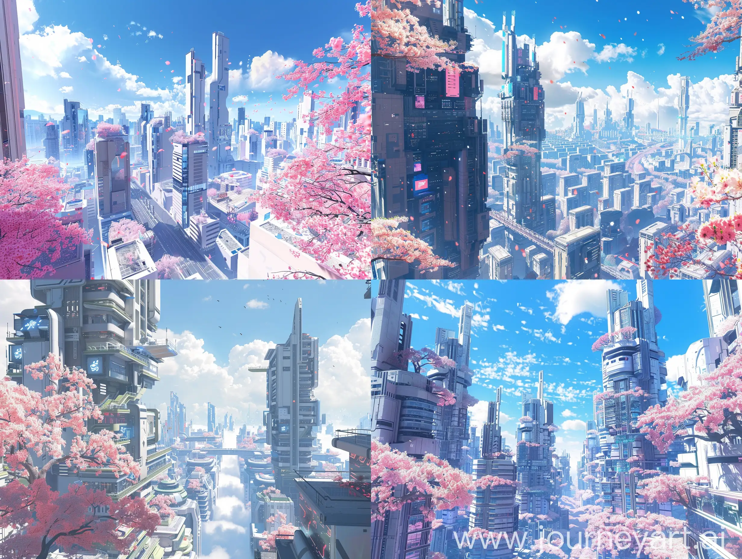 A never-ending futuristic city skyline with stunning and surreal minimalist buildings during the spring season. The scene has an anime-inspired utopian vibe, reminiscent of Tokyo, with vibrant visuals.

