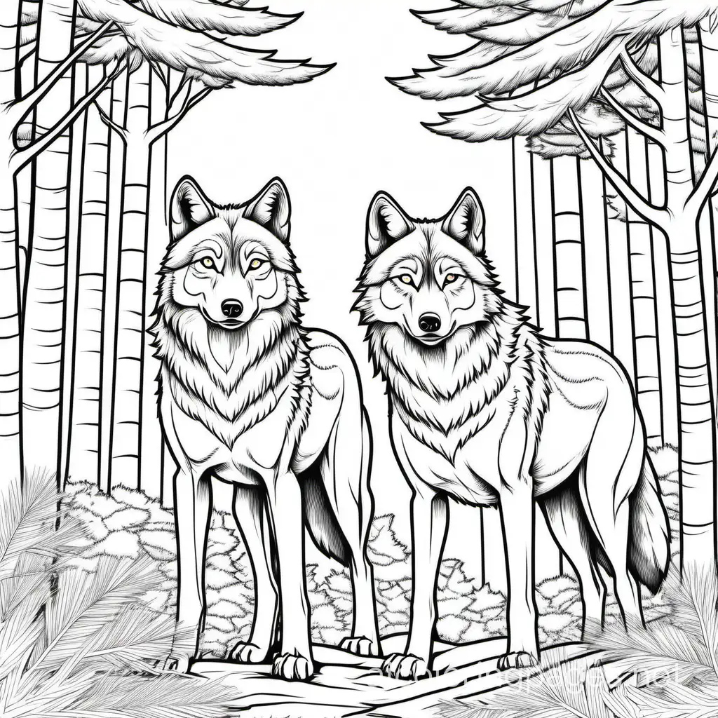 Wild wolves, in a pine forest, Coloring Page, black and white, line art, white background, Simplicity, Ample White Space. The background of the coloring page is plain white to make it easy for young children to color within the lines. The outlines of all the subjects are easy to distinguish, making it simple for kids to color without too much difficulty
