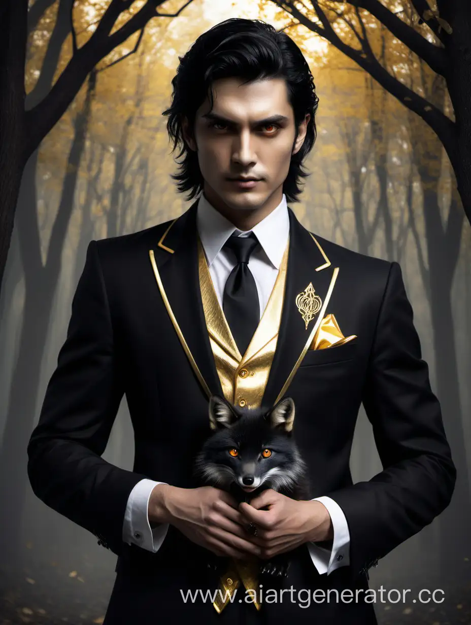 Passionate-Wizard-in-Classic-Black-Attire-with-Magical-Accessories-and-Black-Fox-Companion