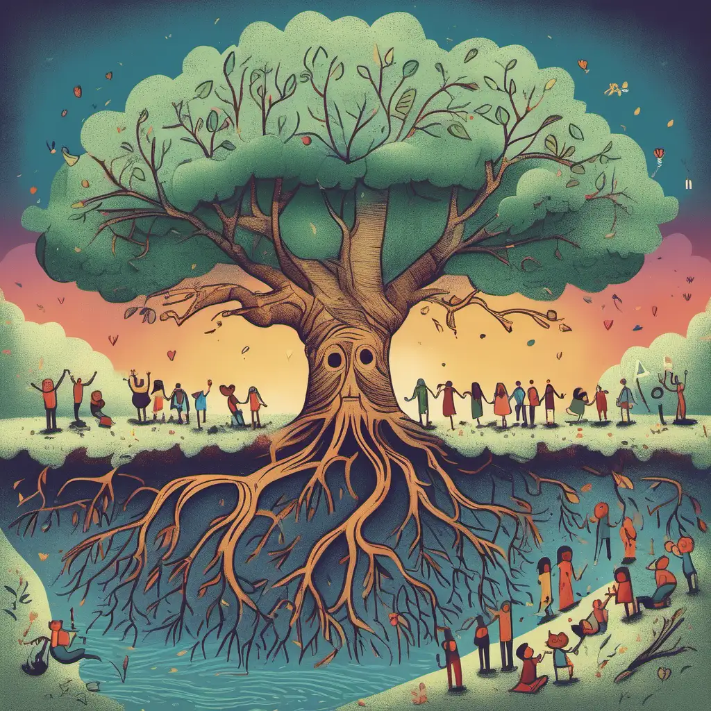 An illustration of a tree where the roots are people, and the branches are happy people