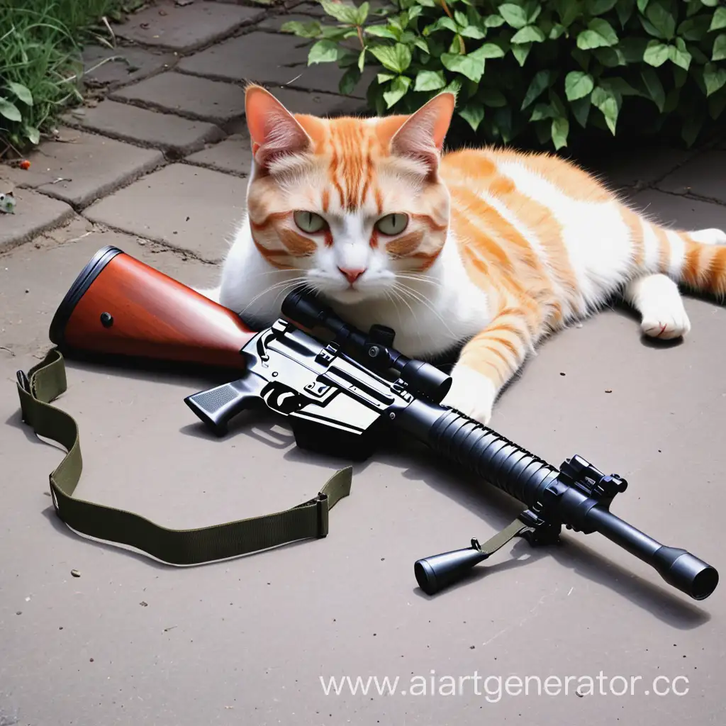 винтовка на которой лежит кот
