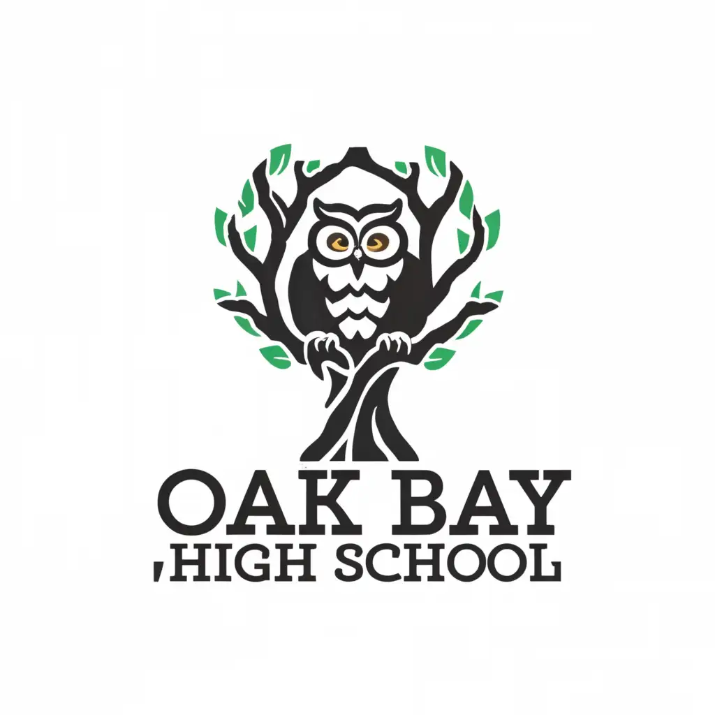 a logo design,with the text 'Oak Bay High School', main symbol:Oak tree and a barred owl,Moderate,be used in Education industry,clear background