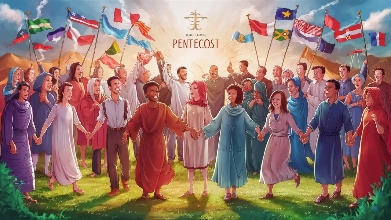 ultra 8k hd, Generate an image showing Christians from different continents and cultures coming together in celebration of Pentecost, with flags and symbols representing various nations waving in the background. The scene conveys a sense of unity and solidarity as believers worldwide commemorate the empowering presence of the Holy Spirit and the birth of the Church.