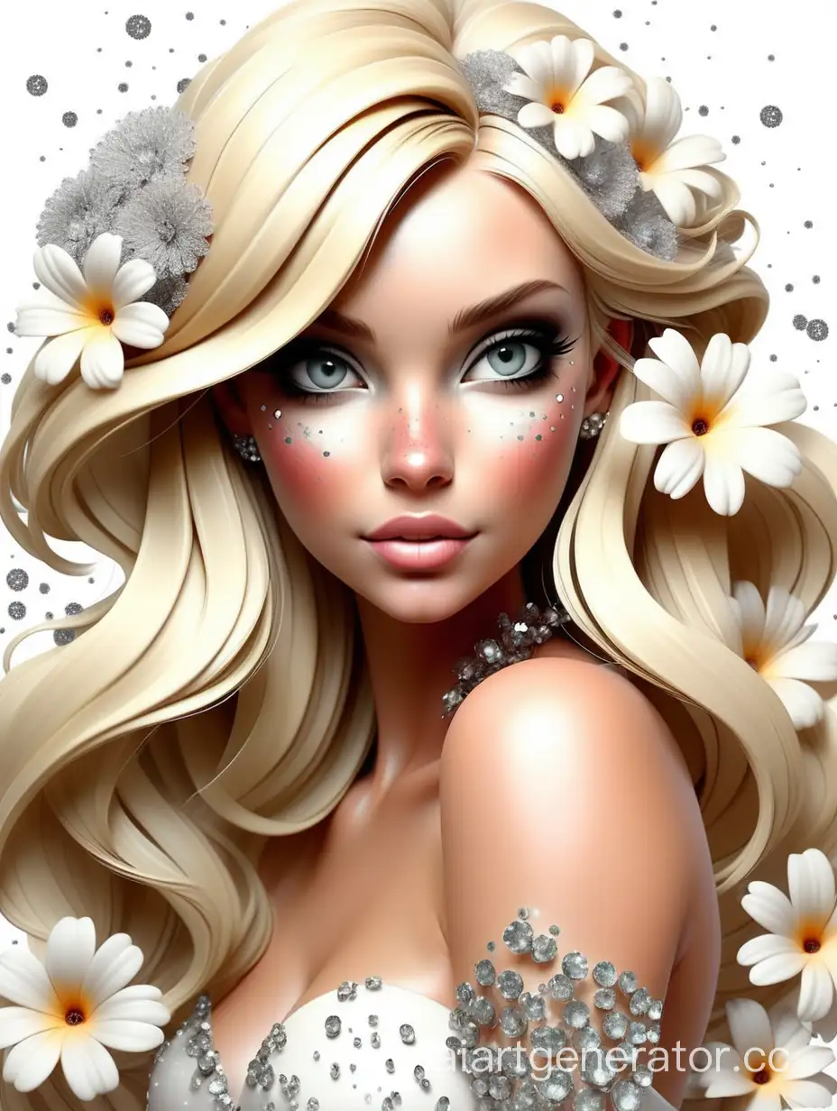 Блондинка, дерзкая, белый фон с блестками и цветами, красивый арт, стильно, дизайн 