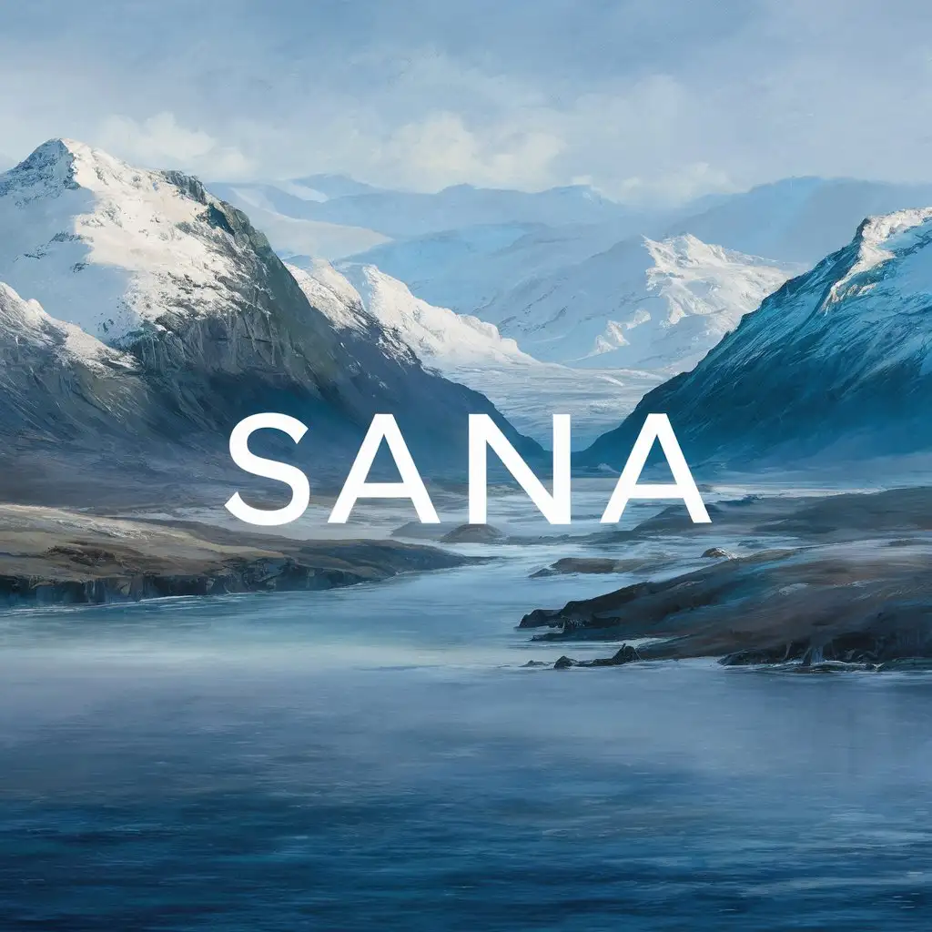 Долина, ледяные горы, море и посередине слово "sana"