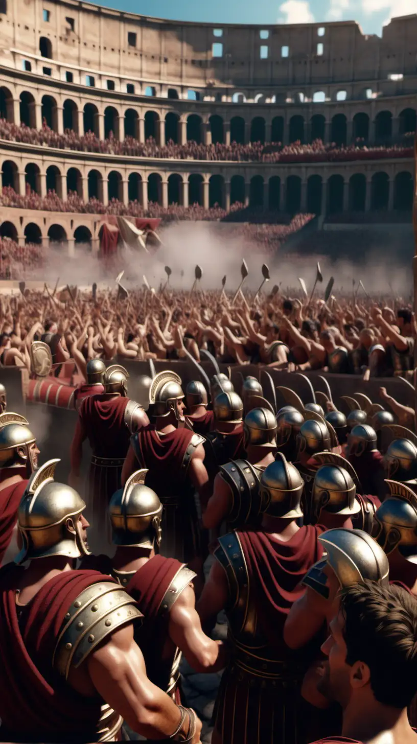 Illustrate a scene with an ancient roman roaring crowd. Showcase the intensity of the spectators as they cheer for the gladiators in the colloseum. 4k hyper realistic