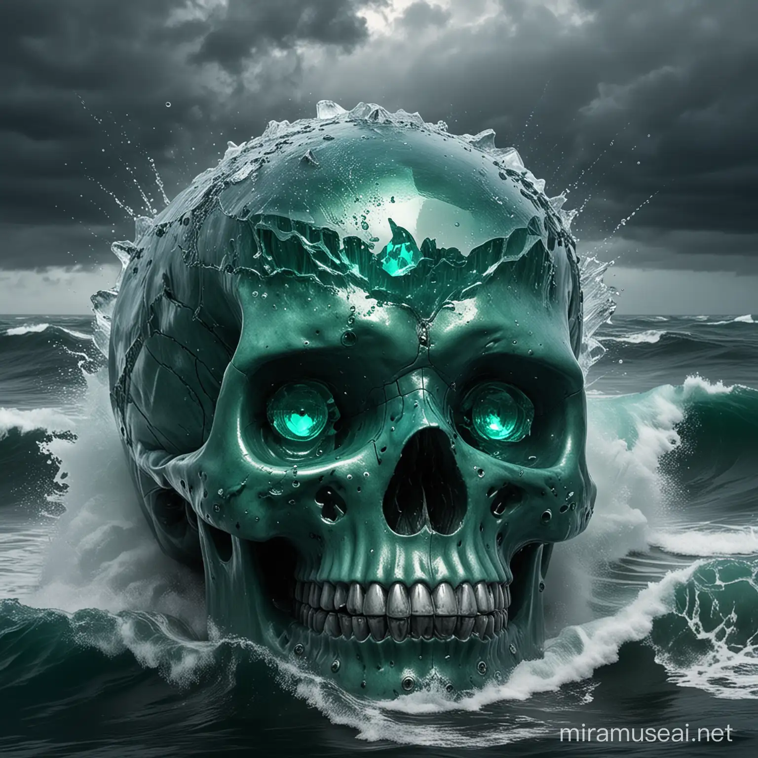 Crystal skull with emerald eyes in heavy ocean storm