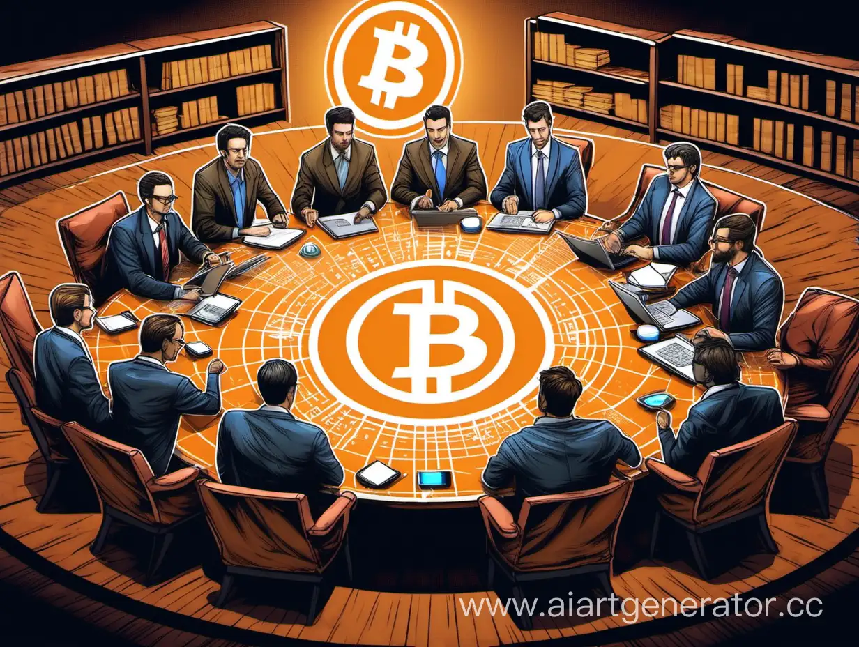 Alliance of the crypto traders siting around the round table with the bitcoin emblem


