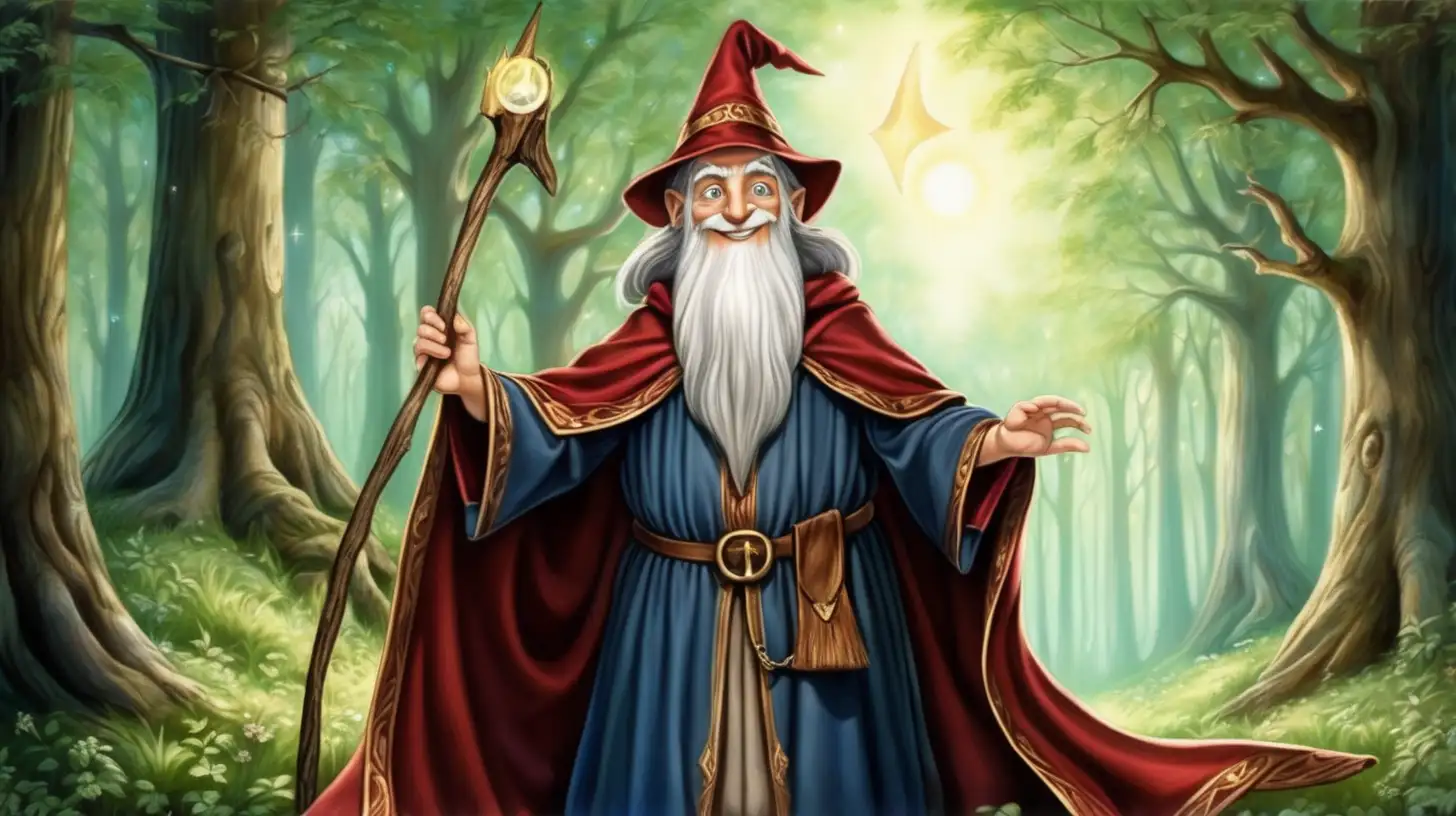 Smiling Medieval Wizard Merlin in Enchanting Forest