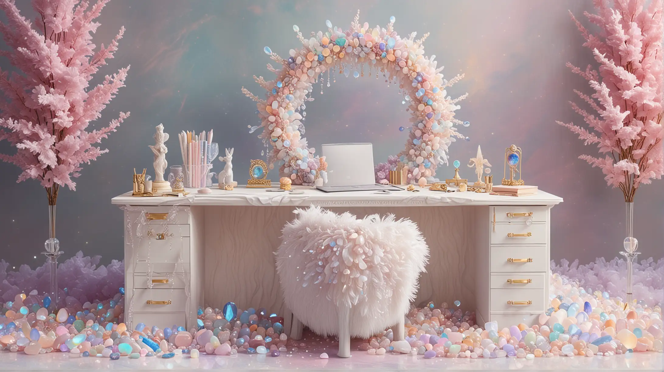 create a goddess's office, in pastel rainbow heaven, made entirely of opal, moonstones, and crystals