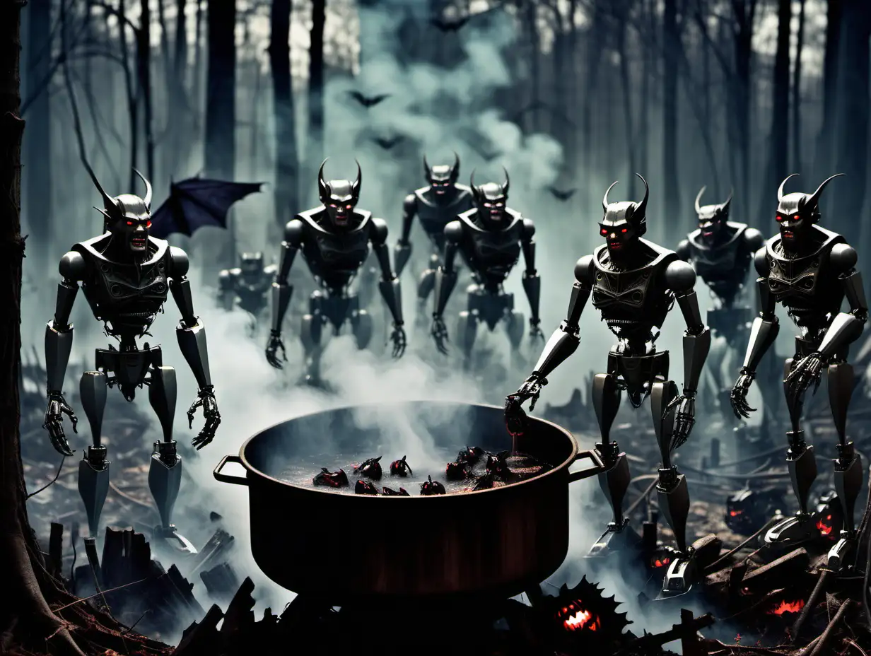 demon robots  standing over a boiling pot of ogres in an old dark forest with vampire bats flying overhead Fritz Lang's Metroplisstyle