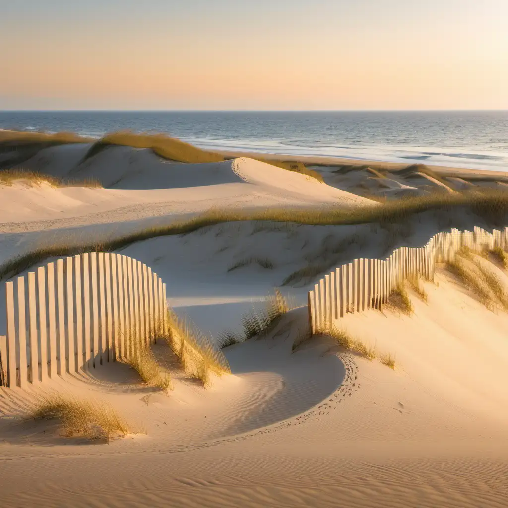 rolling beach dunes with curved dune fence, late afternoon light with the ocean in the distance