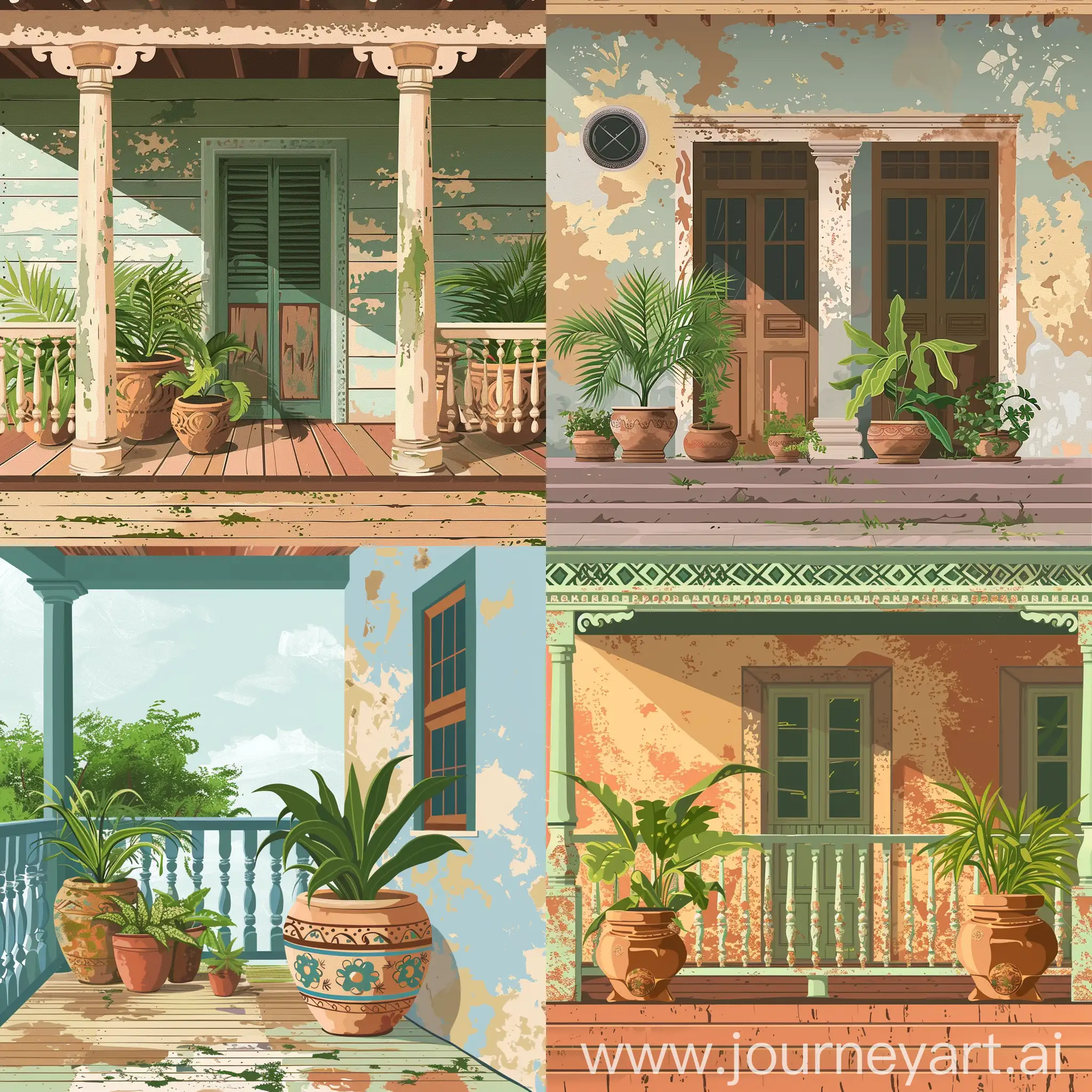 illustration of the front porch of a house in the style of vernacular architecture, hot climate, old house, chipped and peeling paint, plants in decorative clay pots, in high quality flat style