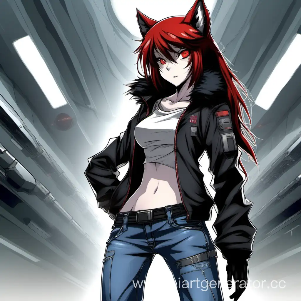 sci-fi андроид, фурри, девушка волчица с черным мехом, черно-красными  волосами, в джинсах и топе в полный рост аниме