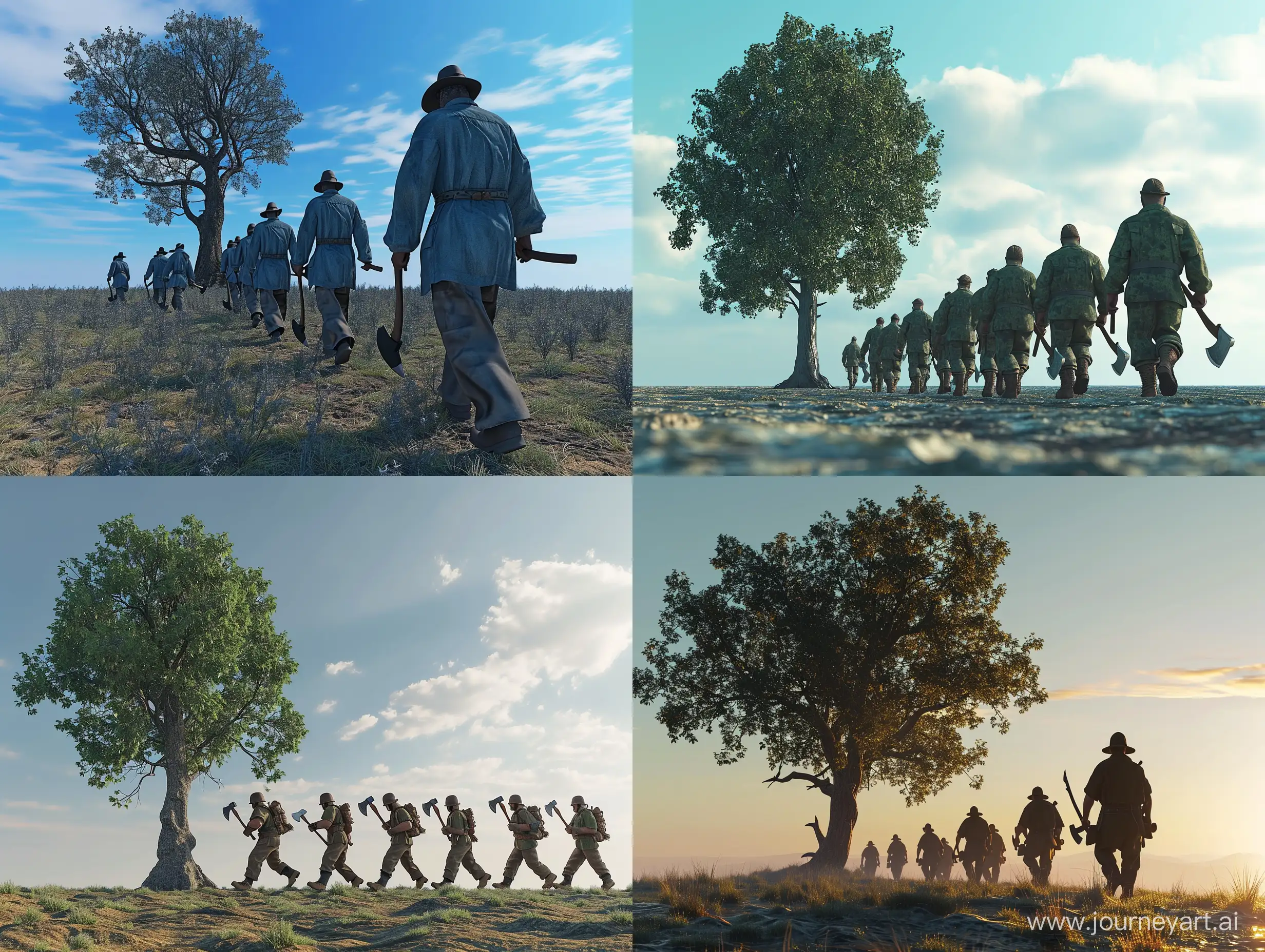 a group of male lumberjacks with axes walk to a tree along the horizon, realistic, detailed, 4 k, hd