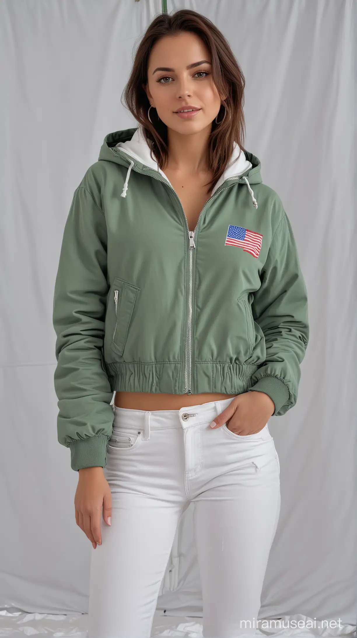 4k Ai art front view beautiful USA girl ear tops white jeans and green zipper jacket in USA snow tent