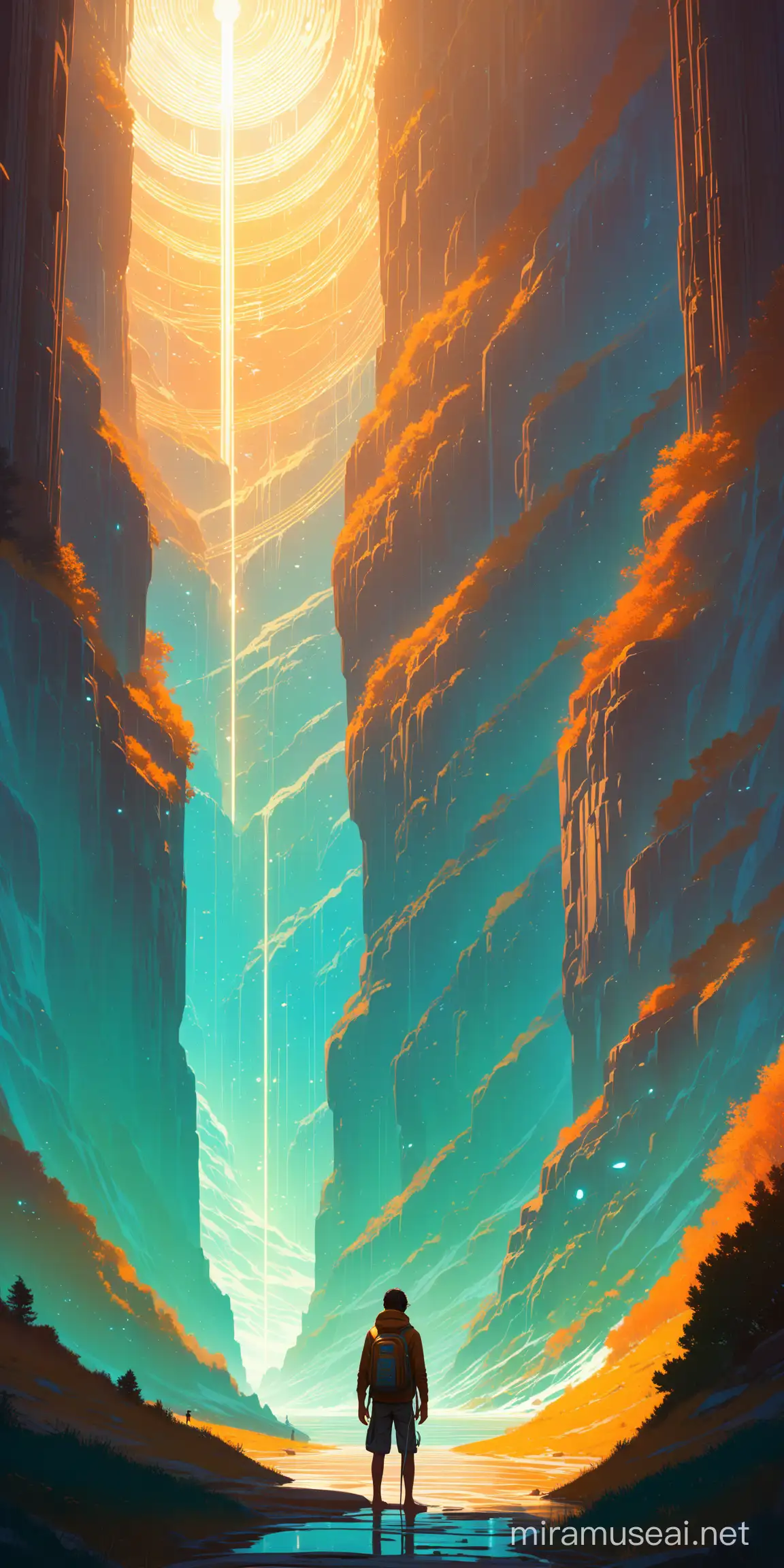 Boy stands front-facing, fusing styles of Greg Rutkowski, Loish, Rhads, Beeple, Makoto Shinkai, Lois van Baarle, Ilya Kuvshinov, Rossdraws, Tom Bagshaw, Alphonse Mucha, global illumination enhancing a detailed and intricate environment, Unreal Engine, volumetric lighting, ultra-detailed textures.