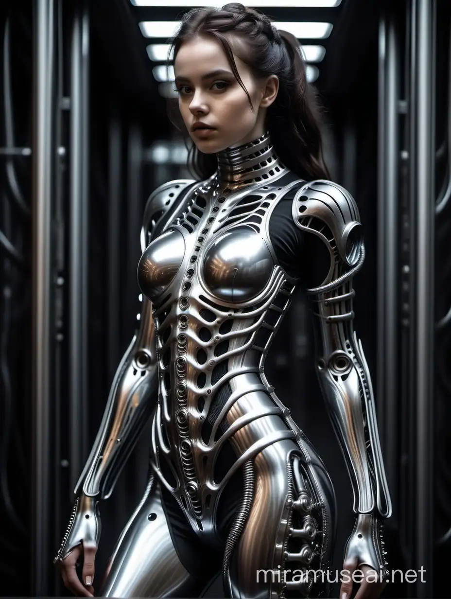 Hr Giger style addicted girl with metallic exoskeleton 