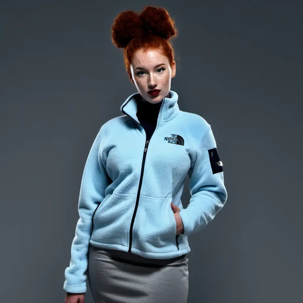 Stylish Redhead Woman in The North Face Jacket and Gray Skirt
