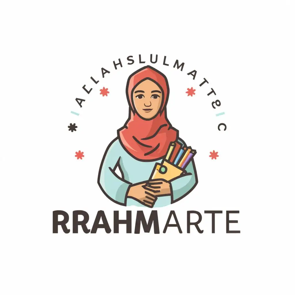 a logo design,with the text "rahmarte", main symbol:muslim woman Holding Art Supplies,Moderate,be used in Religious industry,clear background