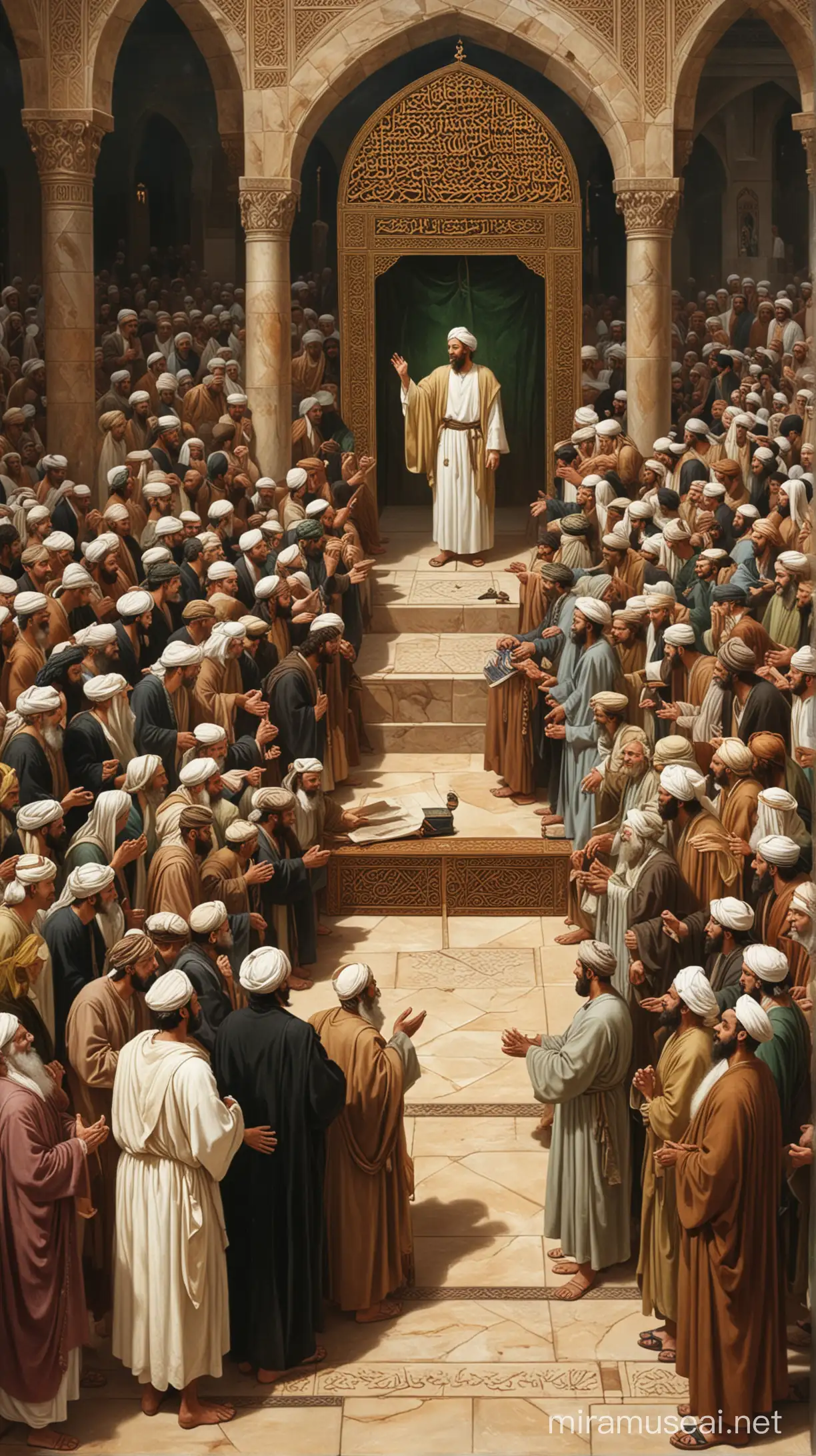 "Prophet Muhammad's Impartial Judgment"
Description: Visual depiction of Prophet Muhammad (PBUH) presiding over the arbitration of the Jewish man's case, showcasing his impartiality and dedication to upholding justice.
