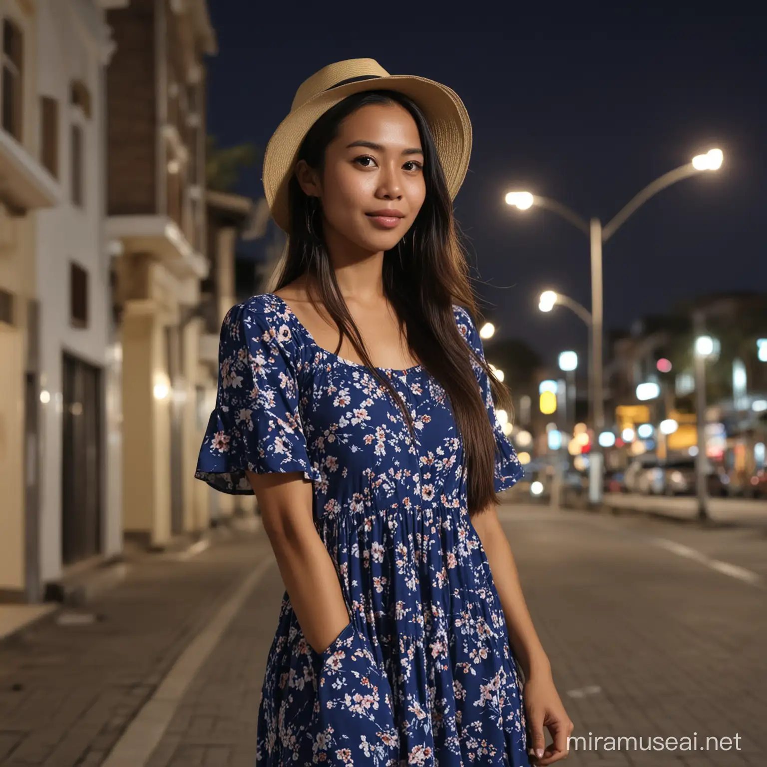 a 35 year old Indonesian woman, wearing a blue floral dress, sneakers, long hair, wearing a casual hat, standing posing, background in the city of kincir angin at night, detail, HD.