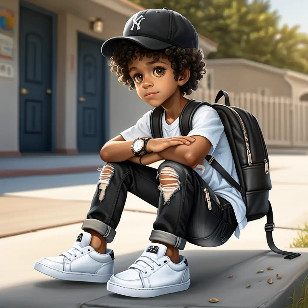 Little black school aged boy with a cap on and big brown eyes curly hair wearing black distressed jeans and a white shirt and white shoes and backpack wearing a watch