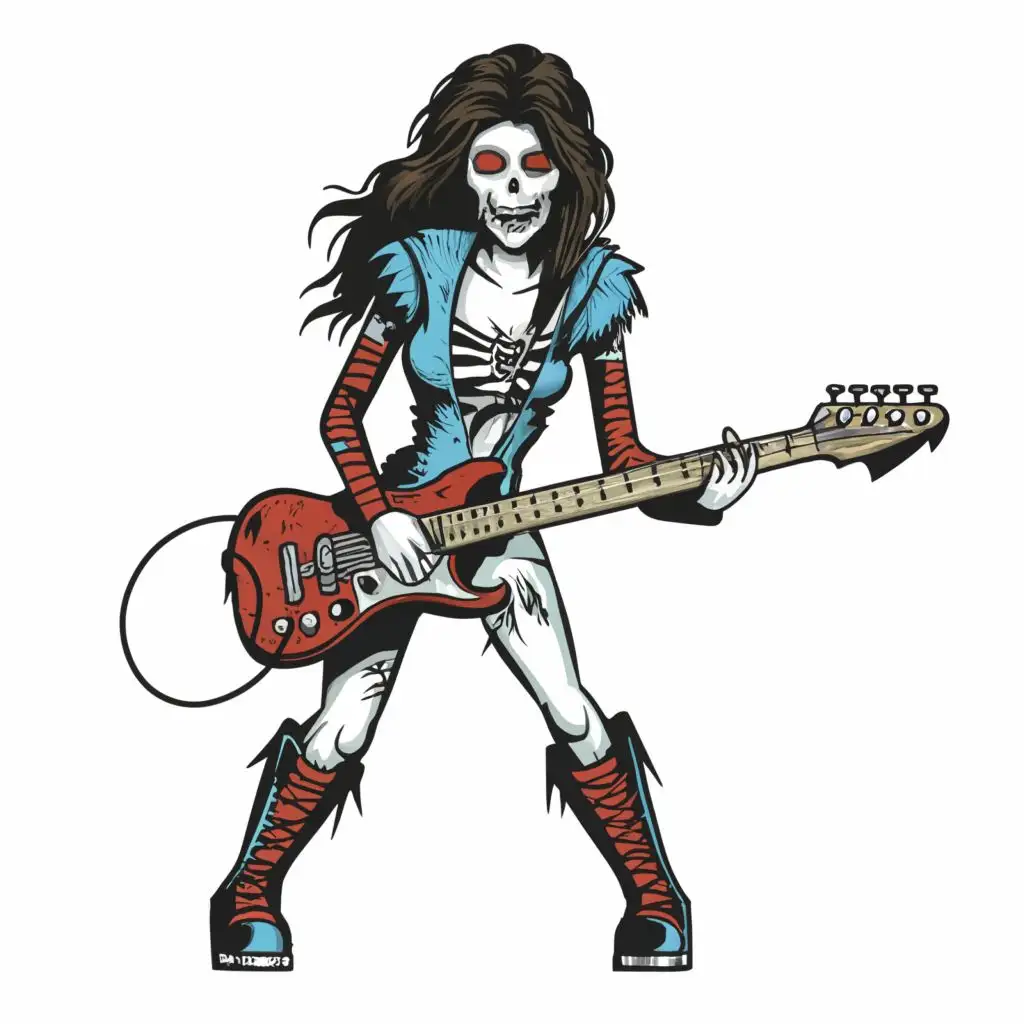 logo, logo, t-shirt vector zombie guitarist girl, electric guitar, 80s style clothing, boots, long hair, rockin out at a concert, dark art, rim light, ultra detail, marvel comic illustration, pen and ink painting marvel style theme white background, Contour, Vector, white background, no words, ultra Detailed, ultra sharp narrow outlined image, no jagged edges, vibrant neon colors, typography,, with the text "
.
", typography