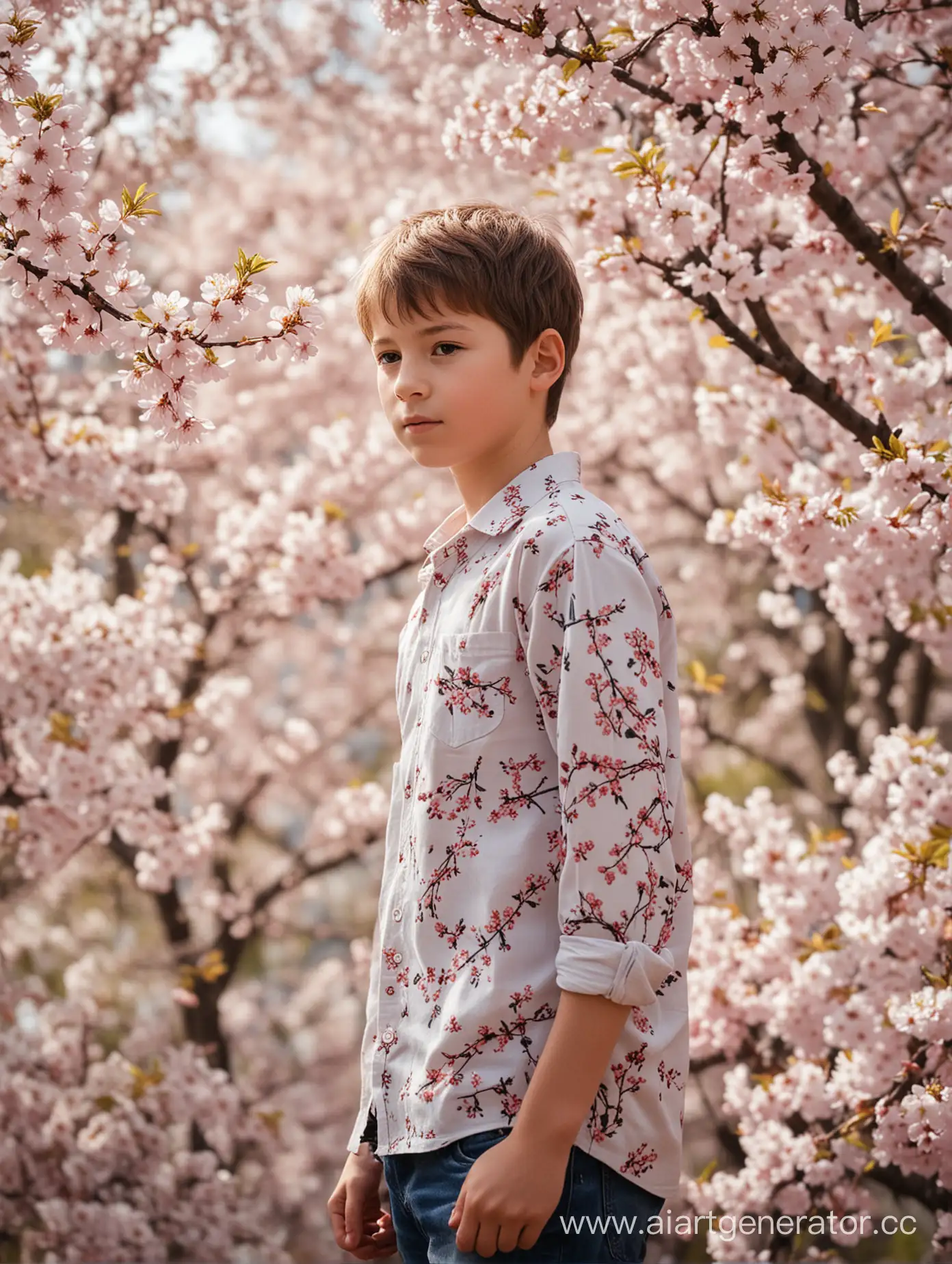 Мальчик стоит в цветении вишни, много цветов, фон размытые цветы вишни, реалистично