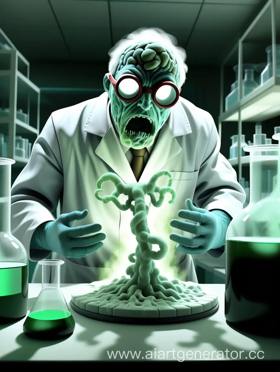 ученый, которого в лаборатории поглощает плесень-мутант