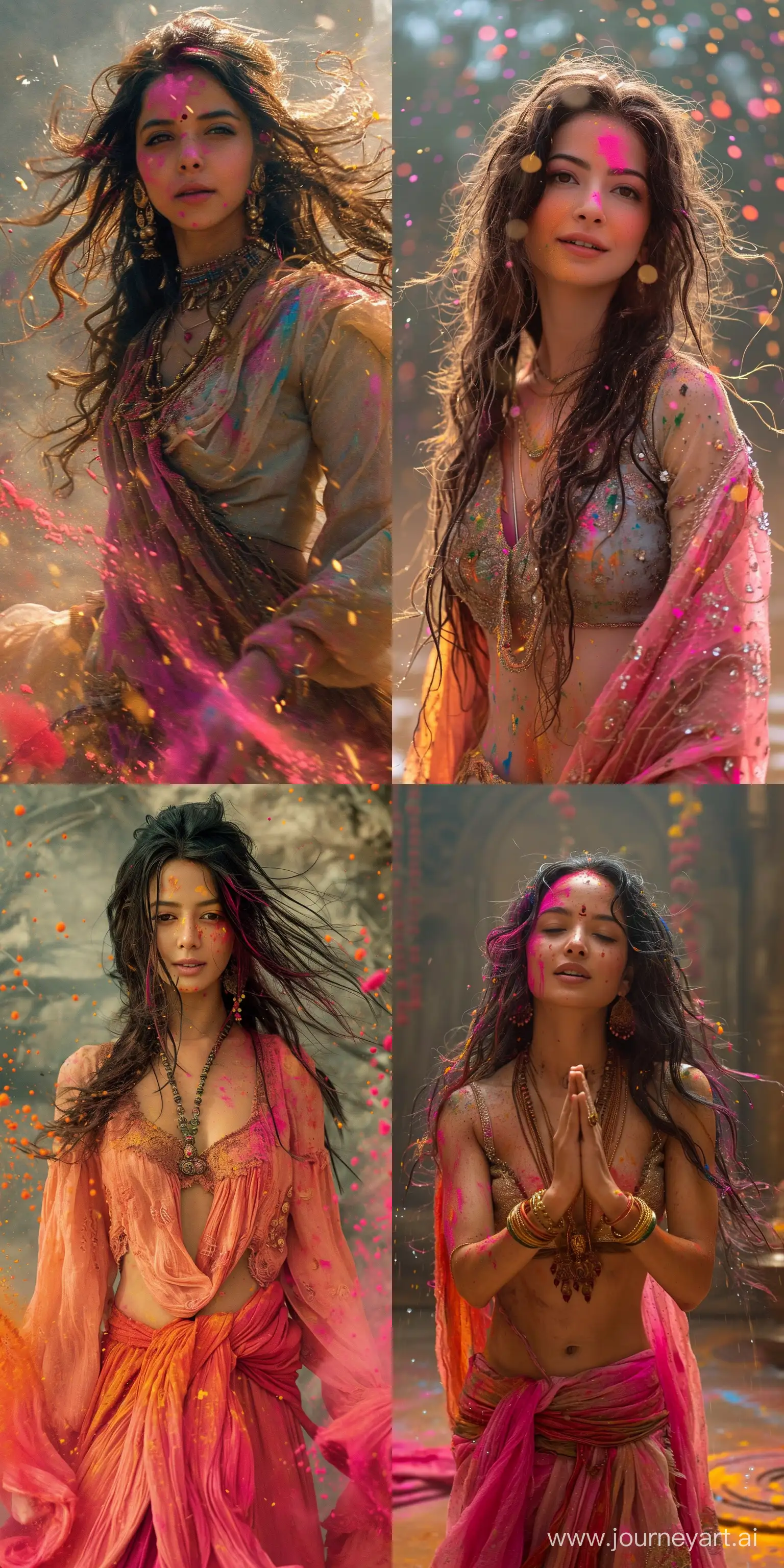 holi images with a beautiful Nepali wo dancing around in colored paints, in the style of light gray and light bronze, spiritual meditations, dark gold and pink, bold and vibrant primary colors, expressive facial features, hurufiyya --ar 1:2 --stylize 750 --v 6