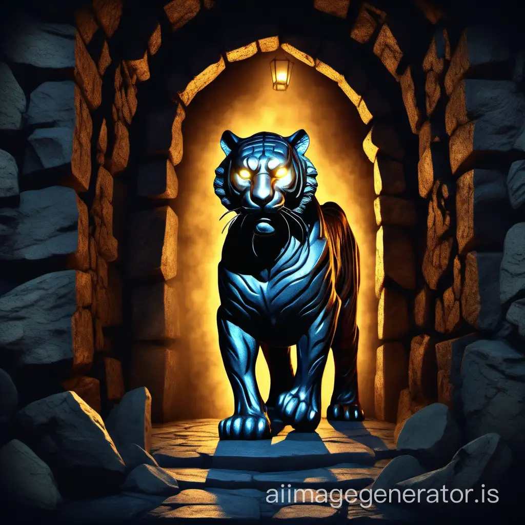 une mystérieuse statue de tigre en bronze, effrayante, dans un couloir sombre en vieilles pierres, éclairé à la torche, style cartoon