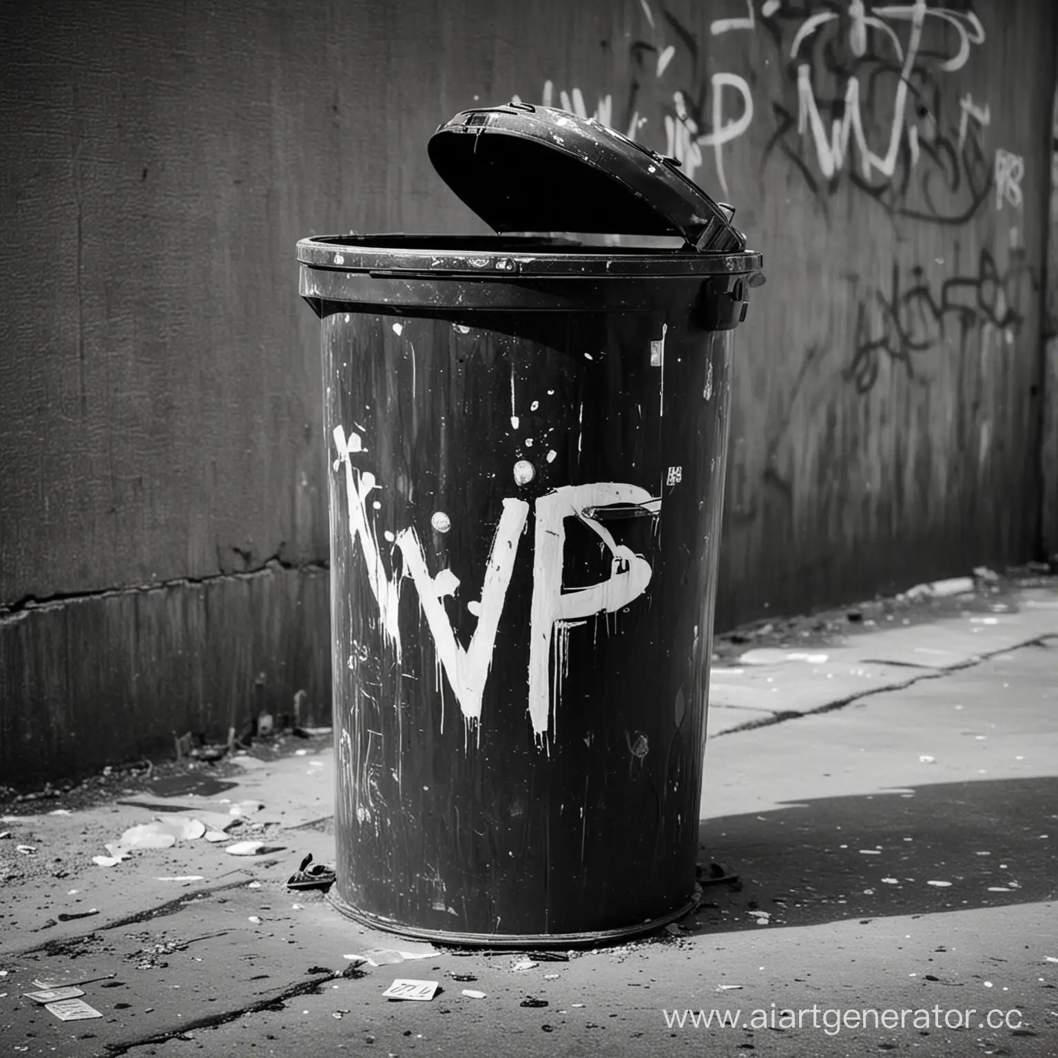 Мусорный бак на котором написано слово VIP с помощью граффити 