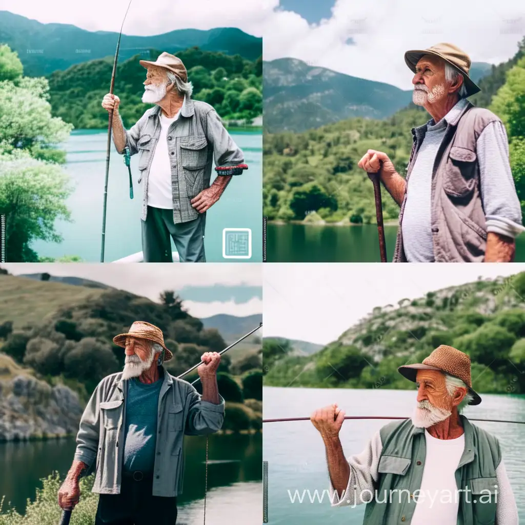 elderly fisherman, weathered face with deep wrinkles, gray hair and beard, wearing a tattered fishing hat, holding a fishing rod and patiently waiting for a bite, standing on the shore of a serene lake, surrounded by lush green trees and mountains in the distance, captured with a Canon EOS 5D Mark IV camera, 70-200mm lens, creating a sense of peaceful solitude, composition focused on the fisherman’s expression and posture, in a style reminiscent of Ansel Adams’ black and white landscape photography

