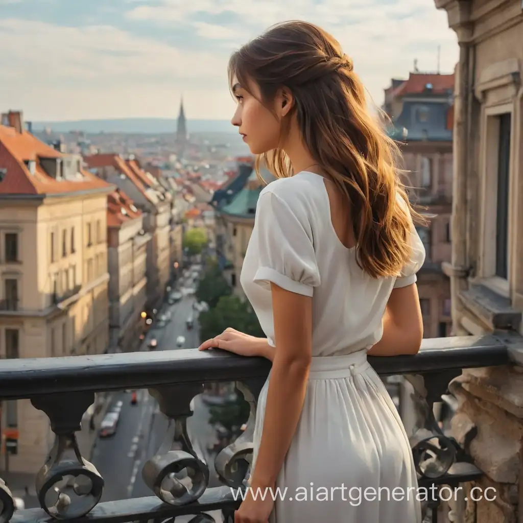 the girl looks at the city from the balcony

