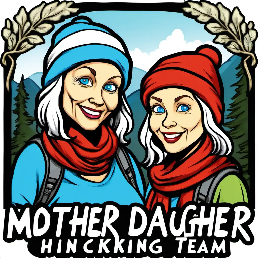 Logo for mother and daughter hiking team. Mother has dark hair with silver streaks, dark eyes and is 65 years old. Daughter is 45 years old, has blonde hair and blue eyes. They both have scull-cap scarves. They take up maybe 30% of the frame and the rest is nature. Make it in a Disney cartoon style.