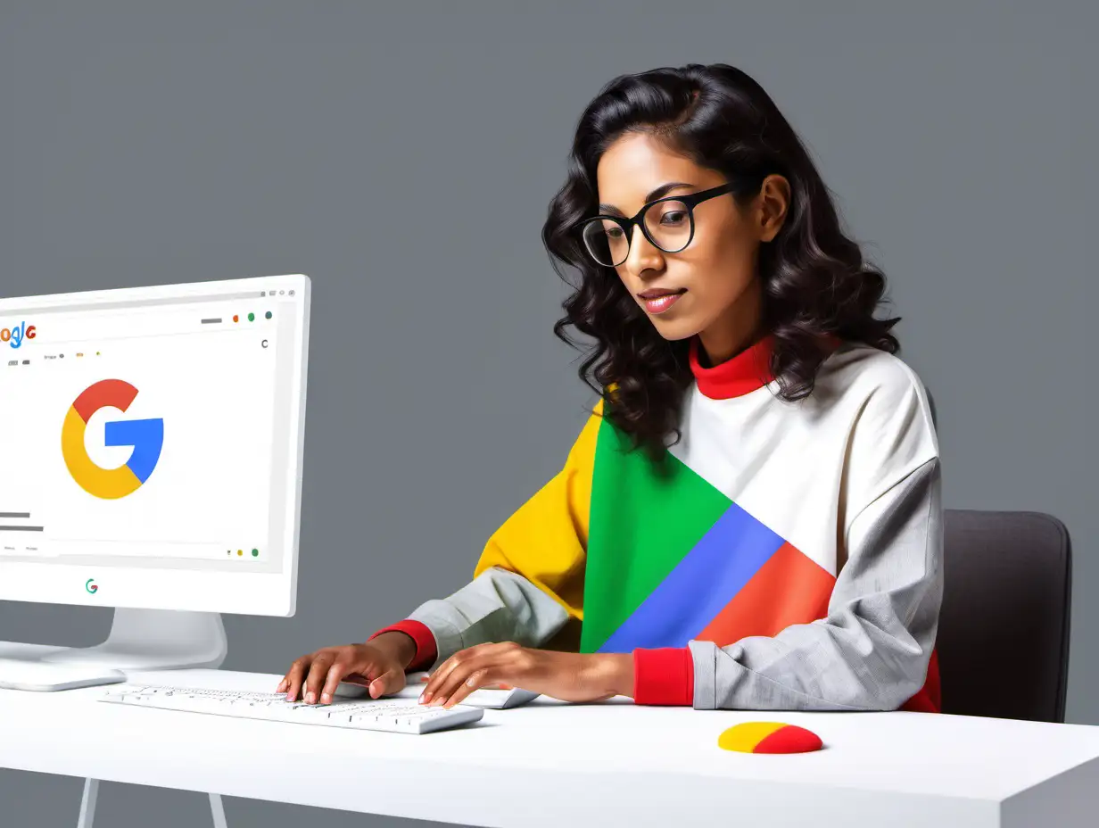 Google material design woman working on a computer, google colors
