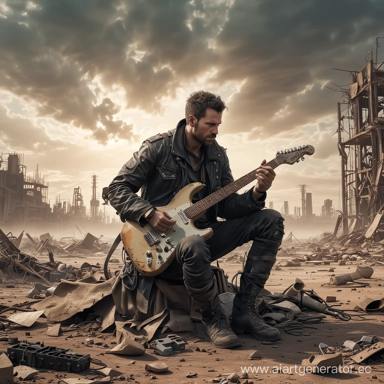 Solo-Musician-Amidst-PostApocalyptic-Ruins-Strumming-Electric-Guitar